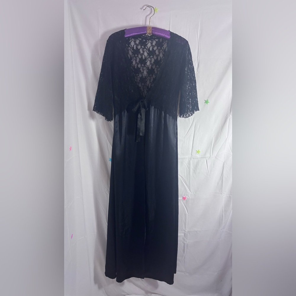 Black Lace Satin Whimsigoth Maxi Length Open Front Bowtie 3/4 Sleeve Robe Size M